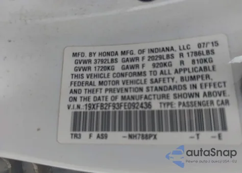 2015 Honda Civic Ex-L from USA, damaged, VIN 19XFB2F93FE092436